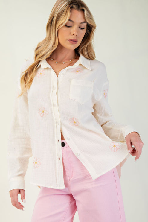 Embroidered Cotton Gauze Button-Down Shirt with Floral Details - Accessoriesforever