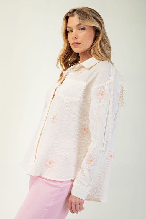 Embroidered Cotton Gauze Button-Down Shirt with Floral Details - Accessoriesforever