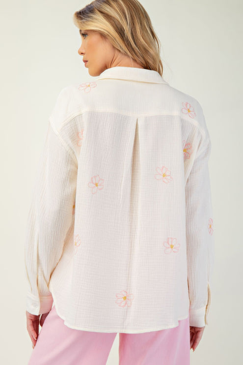 Embroidered Cotton Gauze Button-Down Shirt with Floral Details - Accessoriesforever