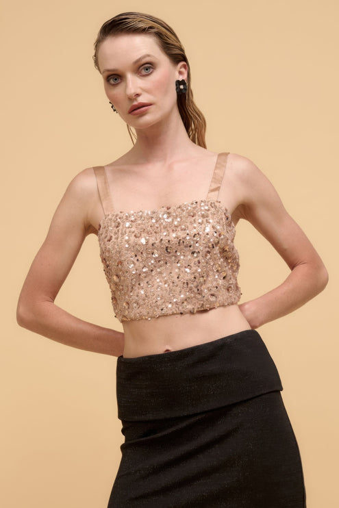 Floral Sequins Straight Neck Crop Top with Adjustable Straps - Accessoriesforever