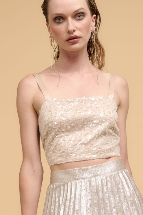 Floral Sequins Straight Neck Crop Top with Adjustable Straps - Accessoriesforever