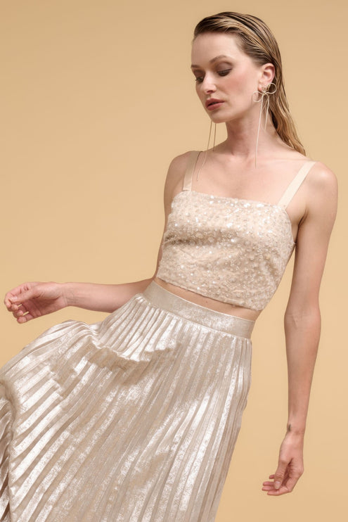 Floral Sequins Straight Neck Crop Top with Adjustable Straps - Accessoriesforever