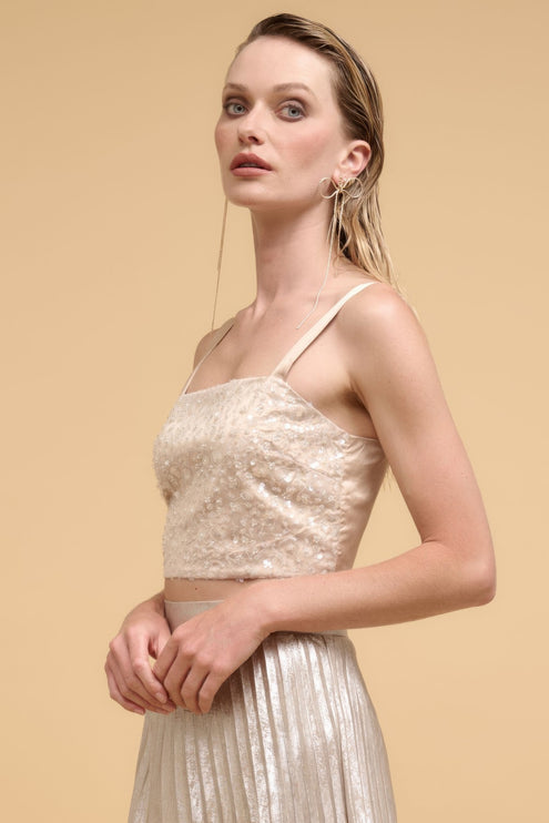 Floral Sequins Straight Neck Crop Top with Adjustable Straps - Accessoriesforever