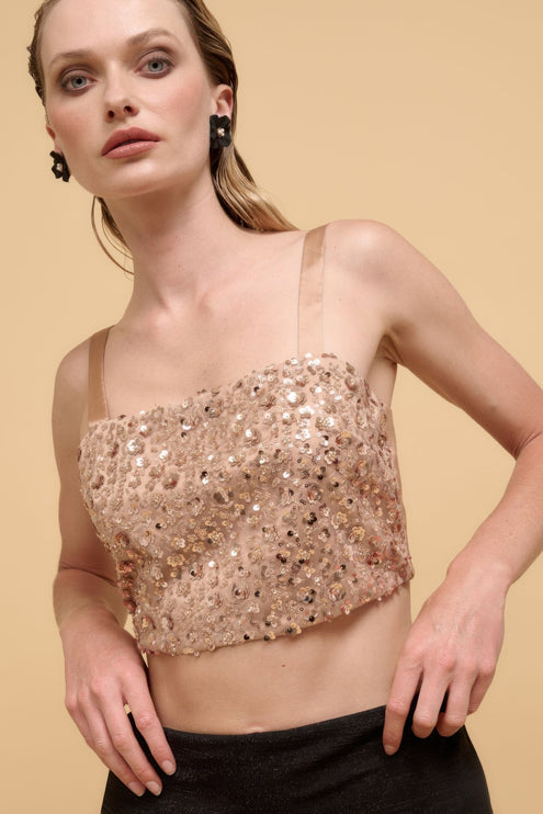 Floral Sequins Straight Neck Crop Top with Adjustable Straps - Accessoriesforever