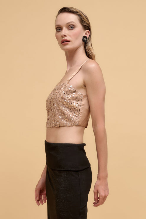 Floral Sequins Straight Neck Crop Top with Adjustable Straps - Accessoriesforever