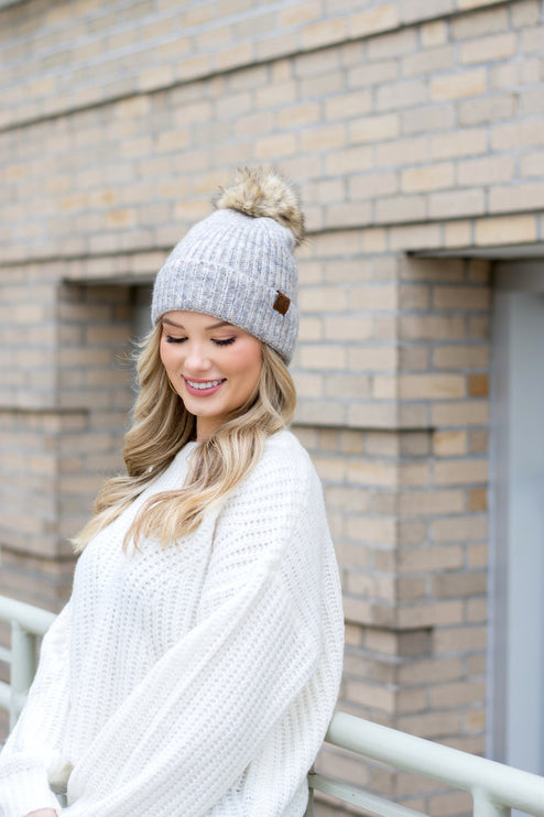 Soft Cozy Heathered Knit Pom Pom CC Marled Beanie Hat