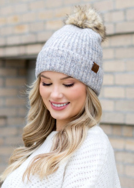 Soft Cozy Heathered Knit Pom Pom CC Marled Beanie Hat