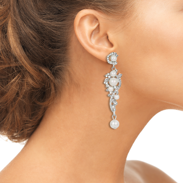 Bridal Wedding Prom Jewelry Crystal Rhinestones Pearl Vintage Dangle Earrings - Accessoriesforever