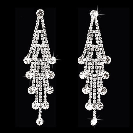 Bridal Wedding Jewelry Crystal Rhinestone Layered Linear Dangle Earrings Silver