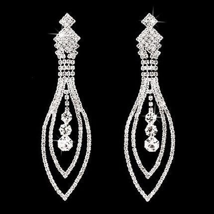 Bridal Wedding Jewelry Crystal Rhinestone Navette Linear Dangle Earrings Silver