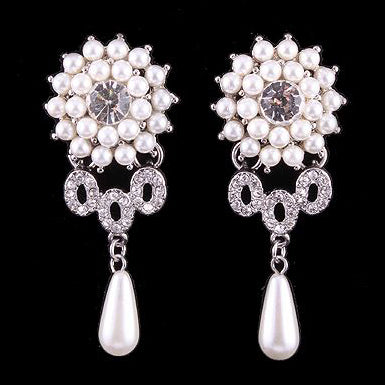 Bridal Wedding Jewelry Crystal Rhinestone Pearl Dangle Teardrop Earrings Silver