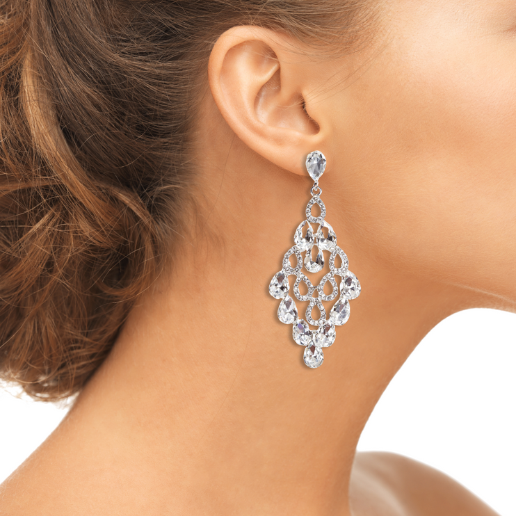 Bridal Wedding Jewelry Crystal Rhinestone Tear Drop Shape Earrings E771 Silver - Accessoriesforever