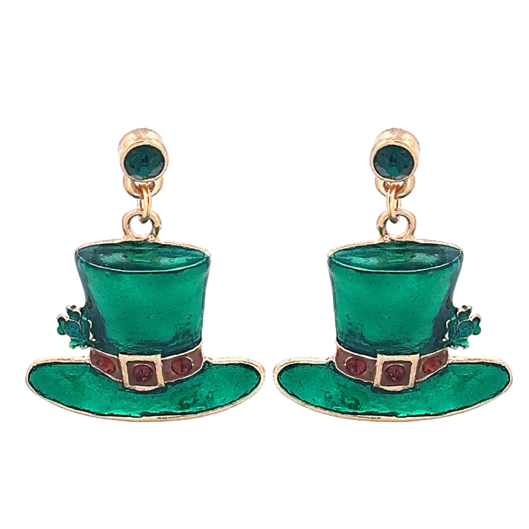 St. Patrick's Leprechaun Hat Rhinestones Charm Dangle Fashion Earrings - Accessoriesforever