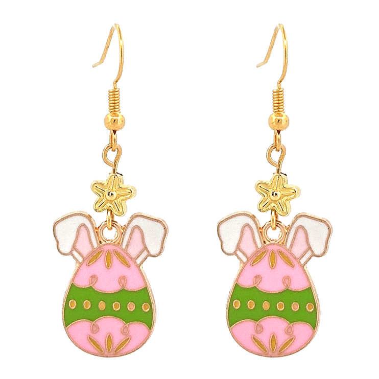 Easter Egg Bunny Enameled Charm Fashion Dangle Earrings Green Pink