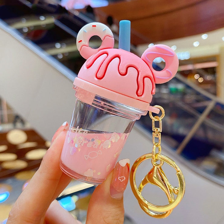 Cute Fun Donut Milk Shake Cup Straw Liquid Charm Keyring Bag Pendant Charm Keychain