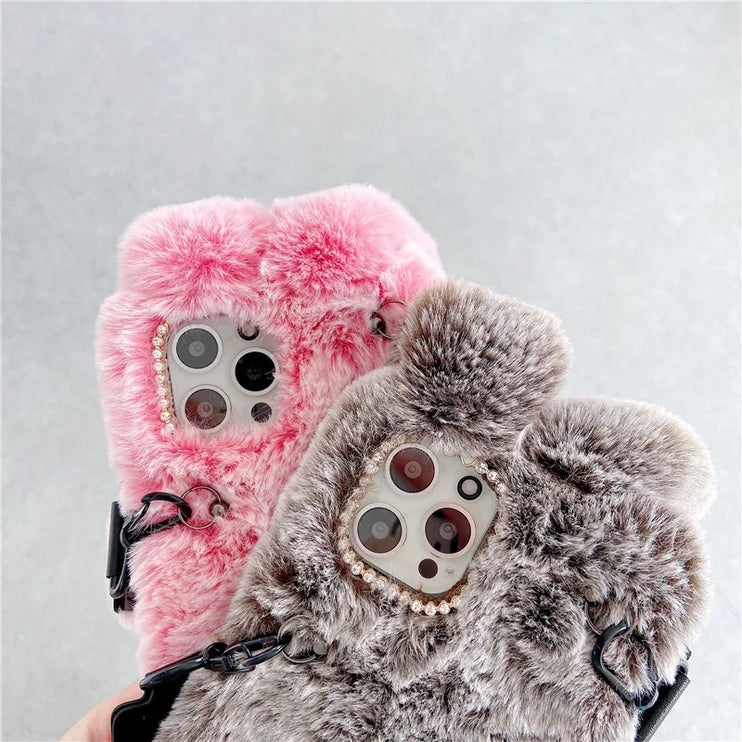Adorable Fluffy Rabbit Plush Soft Fur Shoulder Strap Phone Case Cover For iPhone 15 14 13 12 Pro Max - Accessoriesforever
