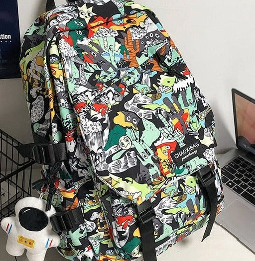 Unique Stylish Graffiti Print Nylon Waterproof Fashion Laptop Travel School Bag Backpack - Accessoriesforever