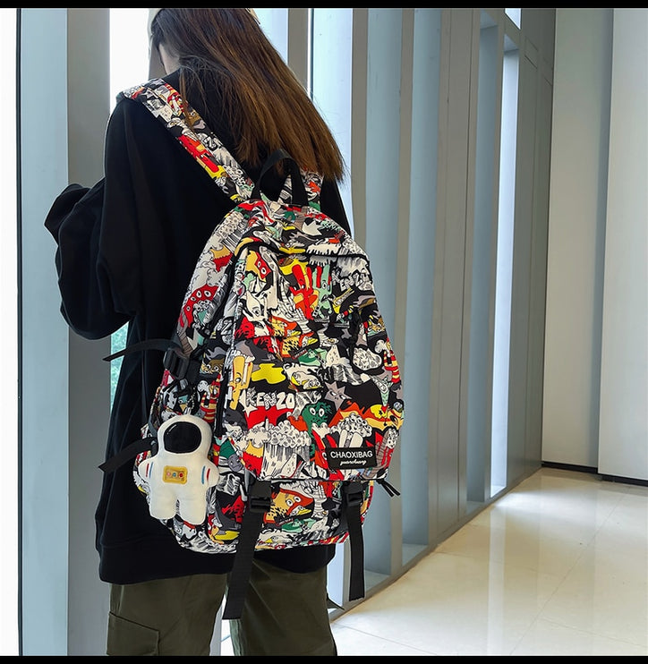 Unique Stylish Graffiti Print Nylon Waterproof Fashion Laptop Travel School Bag Backpack