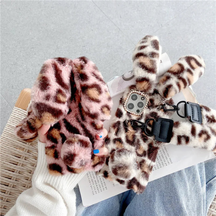 Adorable Fluffy Rabbit Plush Soft Fur Shoulder Strap Phone Case Cover For iPhone 15 14 13 12 Pro Max - Accessoriesforever