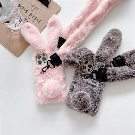 Adorable Fluffy Rabbit Plush Soft Fur Shoulder Strap Phone Case Cover For iPhone 15 14 13 12 Pro Max - Accessoriesforever