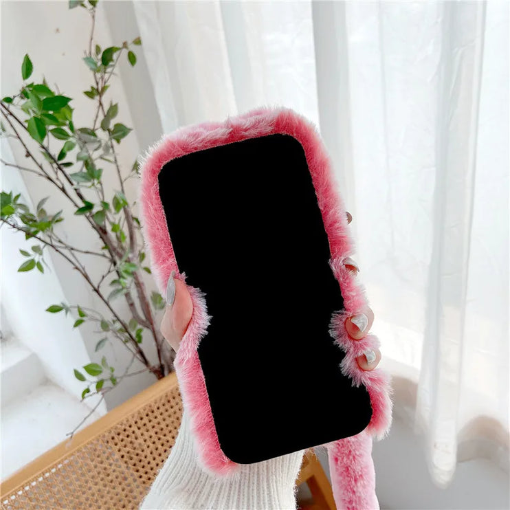 Adorable Fluffy Rabbit Plush Soft Fur Shoulder Strap Phone Case Cover For iPhone 15 14 13 12 Pro Max