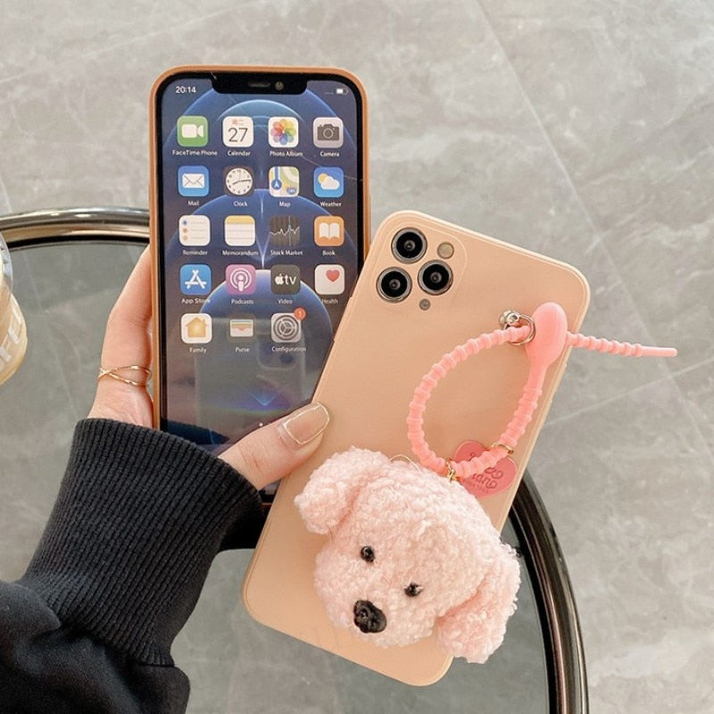Cute Plush Teddy Dog Charm Beaded Strap iPhone Protective Phone Case Cover