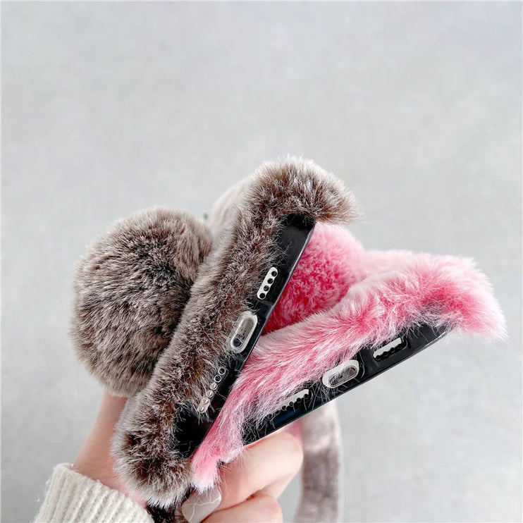 Adorable Fluffy Rabbit Plush Soft Fur Shoulder Strap Phone Case Cover For iPhone 15 14 13 12 Pro Max