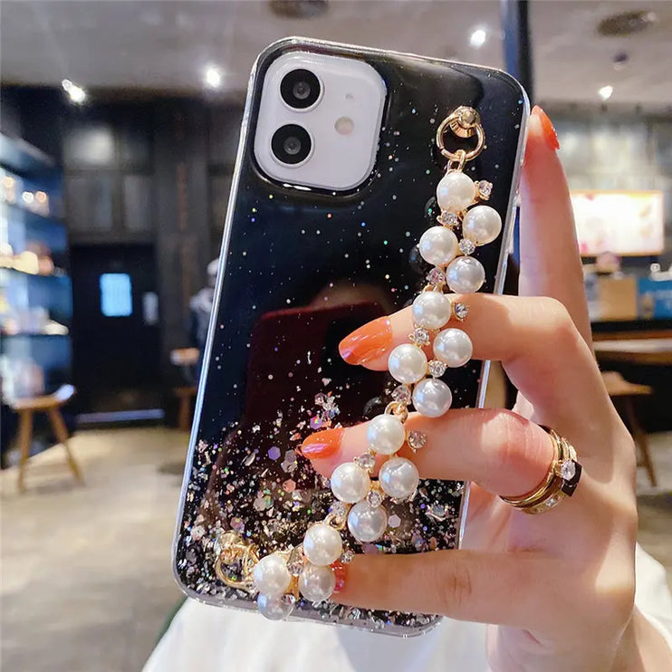 Glitter Luxury Pearl Chain Strap Soft Phone Case Cover For iPhone 15 14 13 12 11 Pro Max Plus Mini