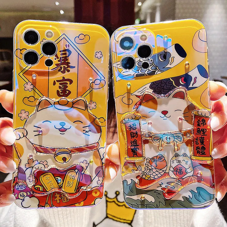 Cute Cartoon Lucky Cat Sparkling Phone Case Cover For iPhone 15 14 13 12 11 Pro Max Plus