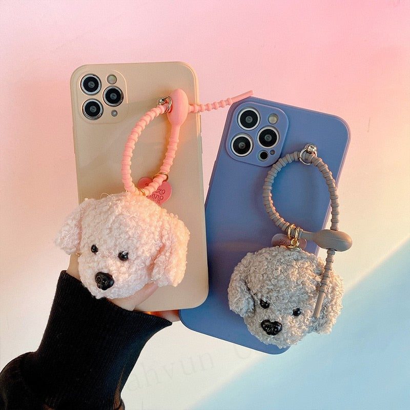 Cute Plush Teddy Dog Charm Beaded Strap iPhone Protective Phone Case Cover