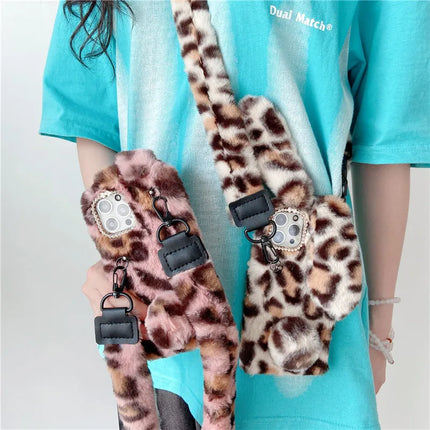 Adorable Fluffy Rabbit Plush Soft Fur Shoulder Strap Phone Case Cover For iPhone 15 14 13 12 Pro Max - Accessoriesforever