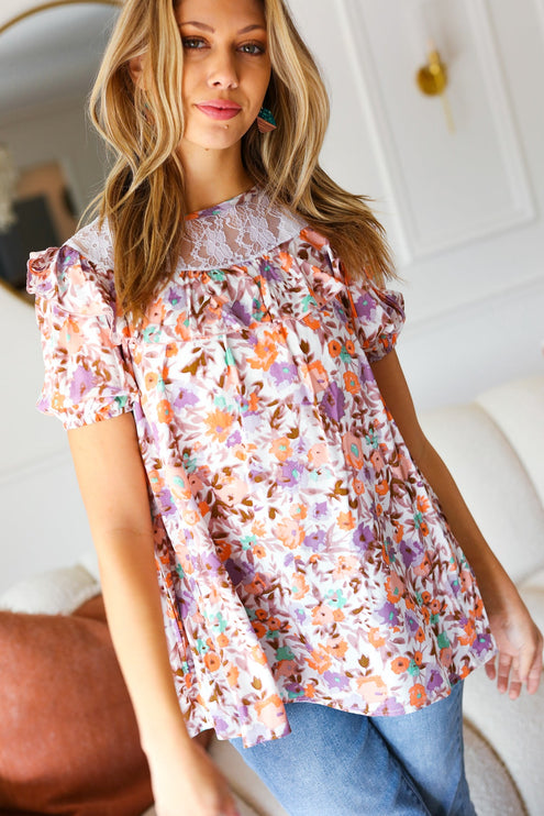 Lavender Watercolor Lace & Ruffle Woven Top - Accessoriesforever