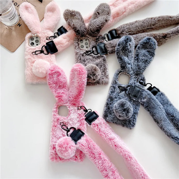 Adorable Fluffy Rabbit Plush Soft Fur Shoulder Strap Phone Case Cover For iPhone 15 14 13 12 Pro Max