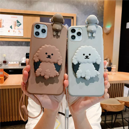 Cute Cartoon 3D Dog Mirror Stand Wrist Strap Phone Case Cover For iPhone