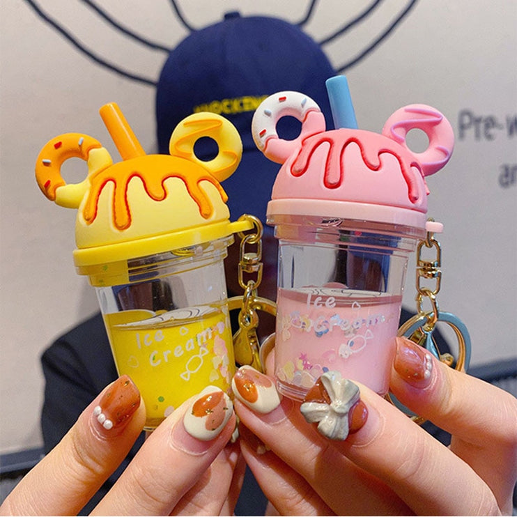 Cute Fun Donut Milk Shake Cup Straw Liquid Charm Keyring Bag Pendant Charm Keychain