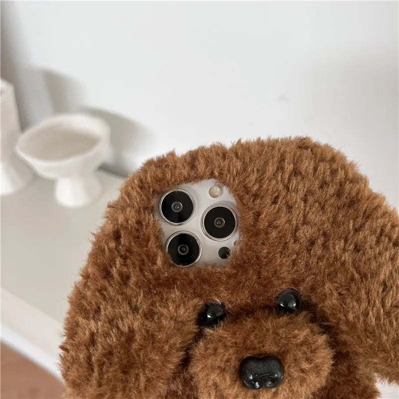 Cute 3D Teddy Dog Soft Fluffy Phone Phone Case Cover For iPhone 15 14 13 12 11 Pro Max Mini X XS XR 8 7 6 SE