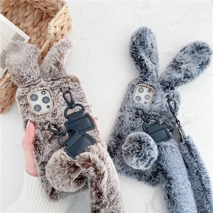 Adorable Fluffy Rabbit Plush Soft Fur Shoulder Strap Phone Case Cover For iPhone 15 14 13 12 Pro Max