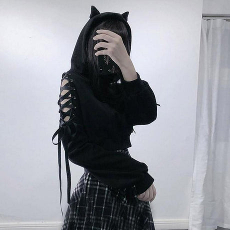 Cute Cat Ear Pullover Lace Up Long Sleeve Sweater Hoodie