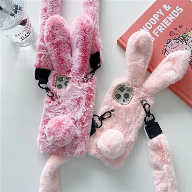 Adorable Fluffy Rabbit Plush Soft Fur Shoulder Strap Phone Case Cover For iPhone 15 14 13 12 Pro Max