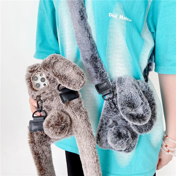 Adorable Fluffy Rabbit Plush Soft Fur Shoulder Strap Phone Case Cover For iPhone 15 14 13 12 Pro Max