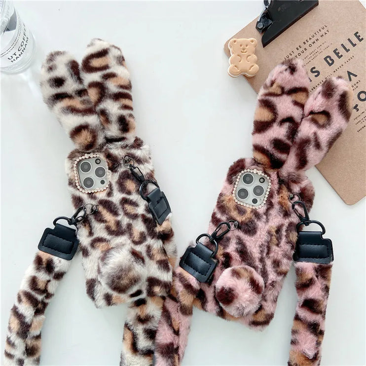 Adorable Fluffy Rabbit Plush Soft Fur Shoulder Strap Phone Case Cover For iPhone 15 14 13 12 Pro Max