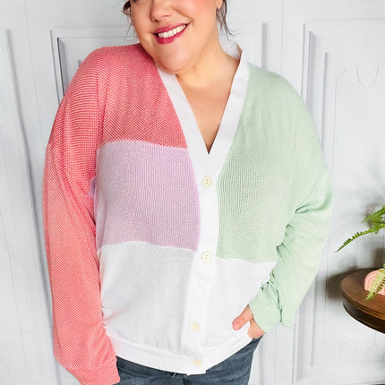 Cozy Up Coral & Sage Two Tone Jacquard Knit Color Block Cardigan