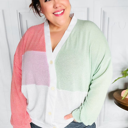 Cozy Up Coral & Sage Two Tone Jacquard Knit Color Block Cardigan