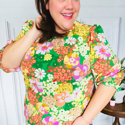 All For You Green Floral Print Frill Smocked Top