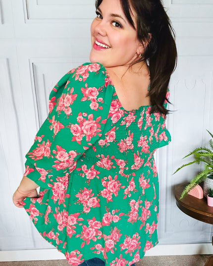 Sumptuous In Smocked Green & Coral Flower Print Babydoll Top