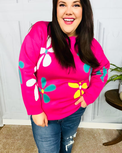 Flower Power Hot Pink Daisy Jacquard Pullover Sweater