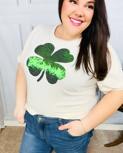 Saint Patty Sequin Clover French Terry Puff Sleeve Top