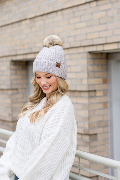 Soft Cozy Heathered Knit Pom Pom CC Marled Beanie Hat