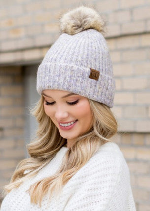 Soft Cozy Heathered Knit Pom Pom CC Marled Beanie Hat