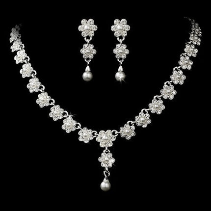 Bridal Wedding Jewelry Set Floral Y Pearl & Rhinestone - Accessoriesforever